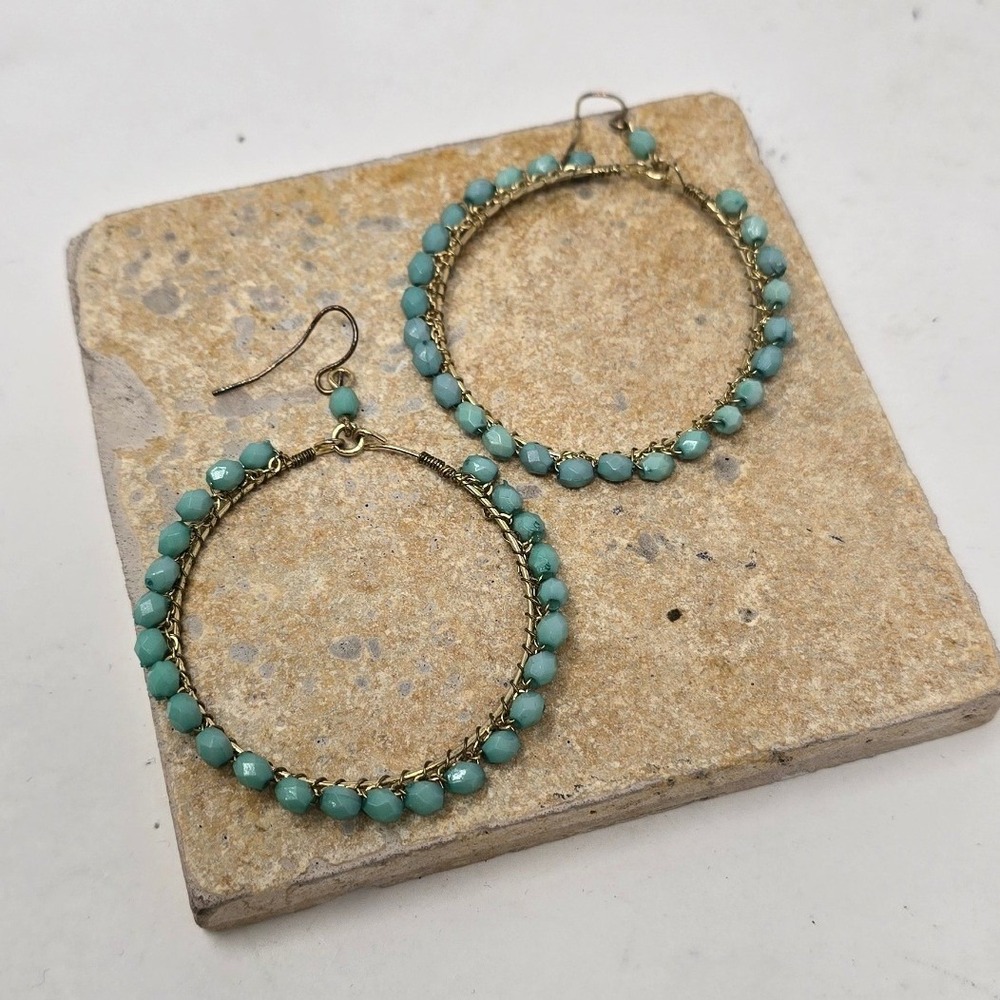 Beaded wire wrap hoop earrings women turquoise gold boho festival Southwestern
